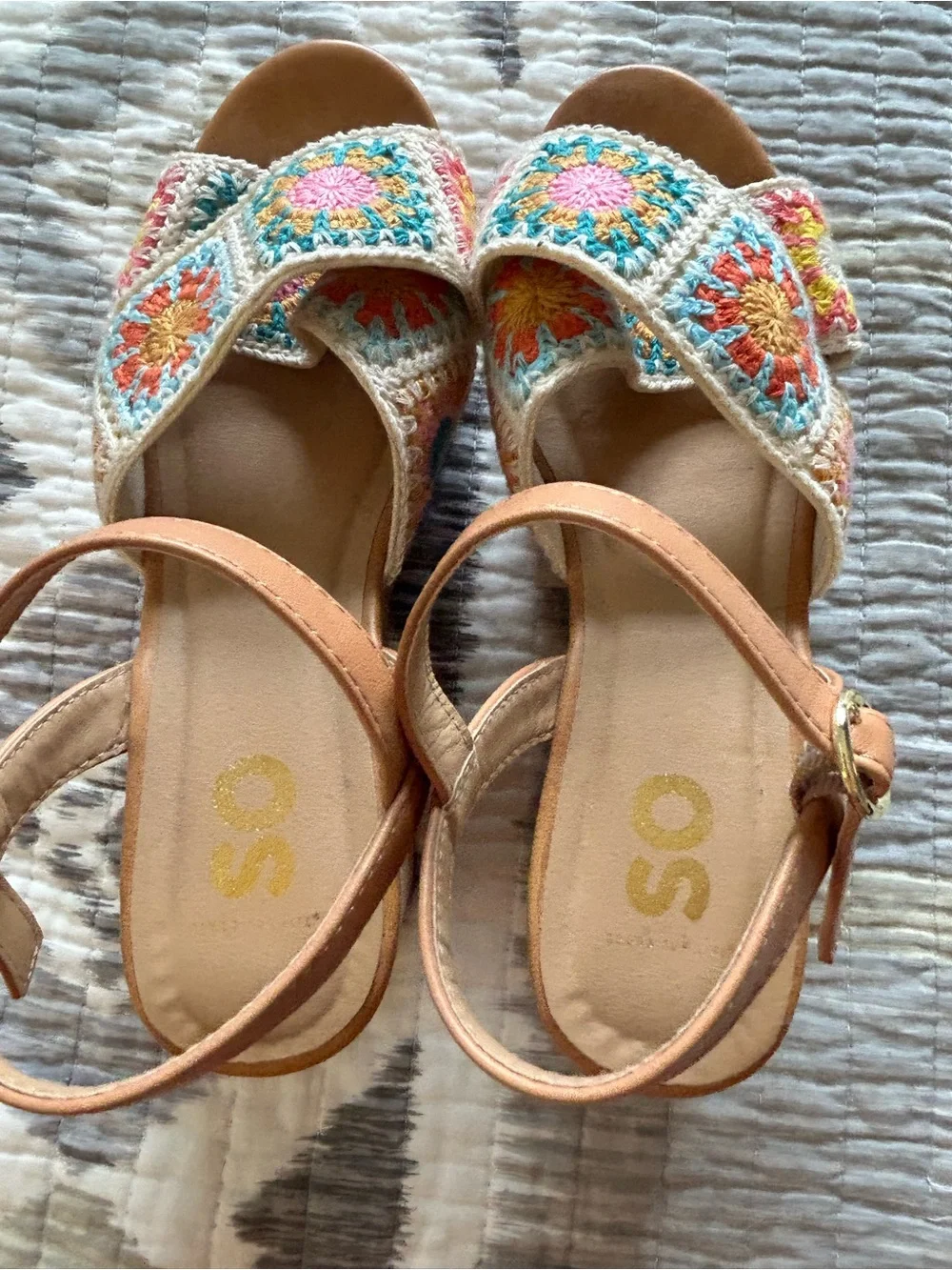 SO Tan Wedge Sandals with Multicolor Crochet Accents